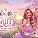 Create a dreamy and colorful feature image for “300+ Riddles About Beauty” 🌸✨ Include flowers, mirrors, butterflies, glowing hearts, smiling faces, makeup items, sparkles, soft pink backgrounds, and romantic sunset lighting 💖 Add stylish typography with Pinterest and TikTok aesthetic vibes 📱
