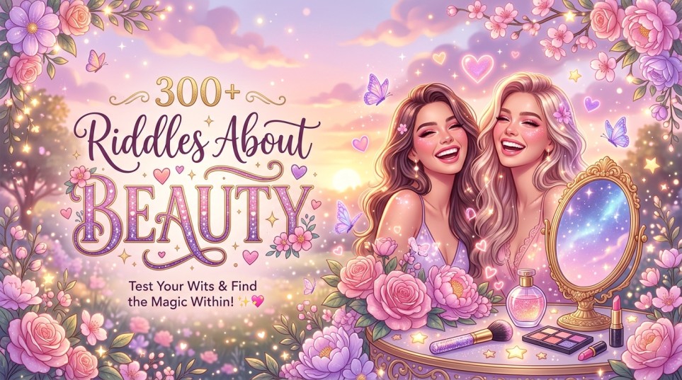 Create a dreamy and colorful feature image for “300+ Riddles About Beauty” 🌸✨ Include flowers, mirrors, butterflies, glowing hearts, smiling faces, makeup items, sparkles, soft pink backgrounds, and romantic sunset lighting 💖 Add stylish typography with Pinterest and TikTok aesthetic vibes 📱