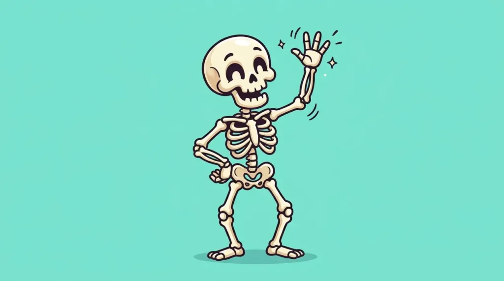 Friendly cartoon skeleton waving, ready for bones and skeleton riddles