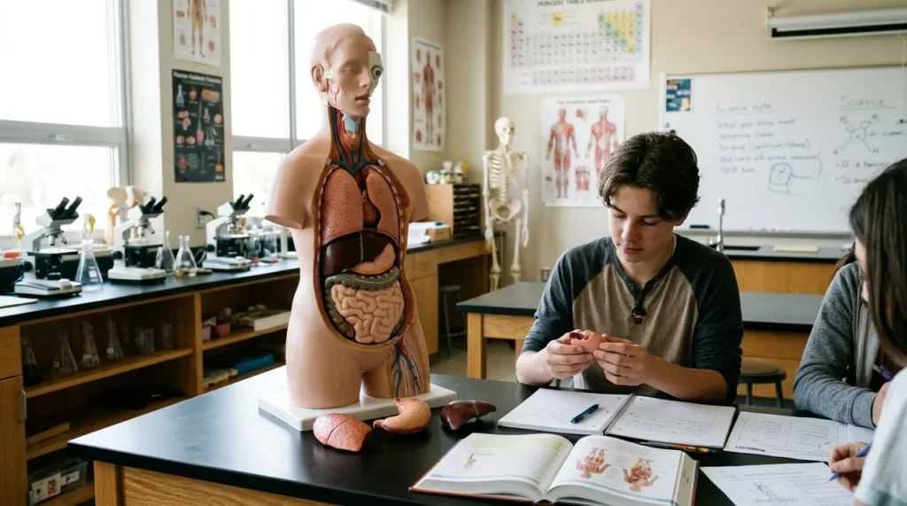 Human anatomy torso model in a science classroom, the subject of these anatomy riddles