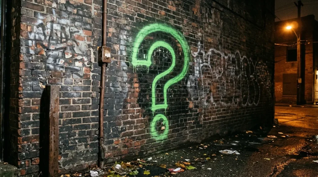Green question mark painted on a brick wall, the calling card behind the industrial district riddles