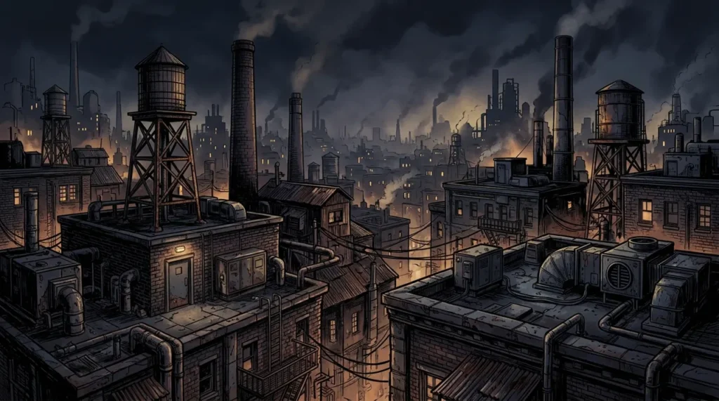 Dark industrial city rooftops and chimneys at night, like the Arkham City industrial district riddles area