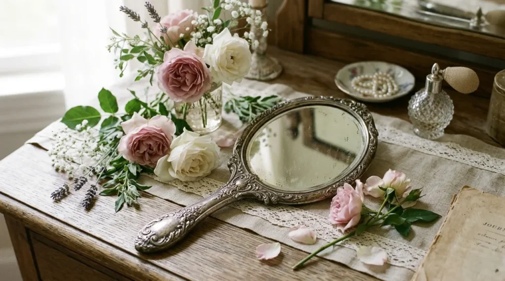 Vintage hand mirror with flowers beside it on a dressing table, a classic beauty riddle image