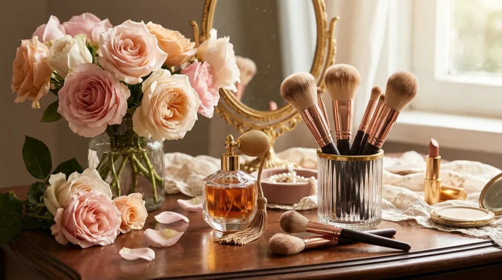 Elegant still life of makeup brushes, a perfume bottle and roses, in the spirit of riddles about beauty