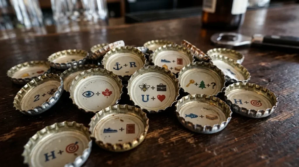 Beer bottle caps printed with rebus puzzle pictures, the classic beer cap riddles
