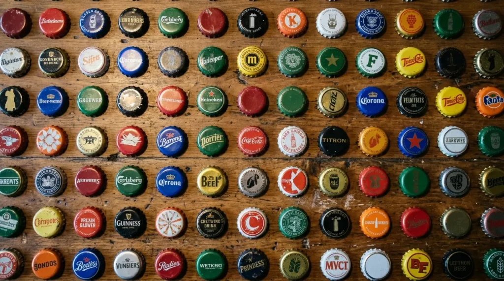 Flat lay collection of colourful beer caps with riddle puzzles printed inside