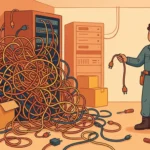 Confused worker with tangled cables, illustrating snafu