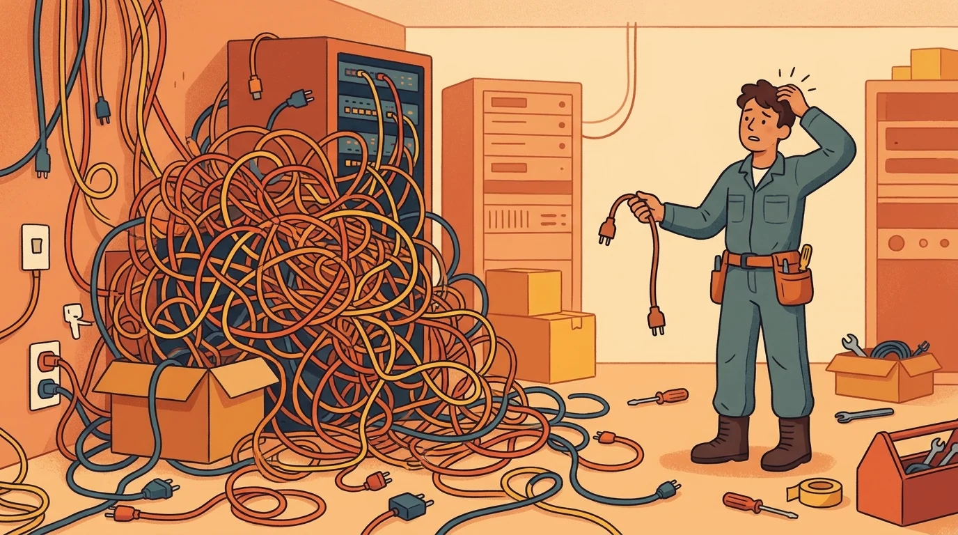 Confused worker with tangled cables, illustrating snafu