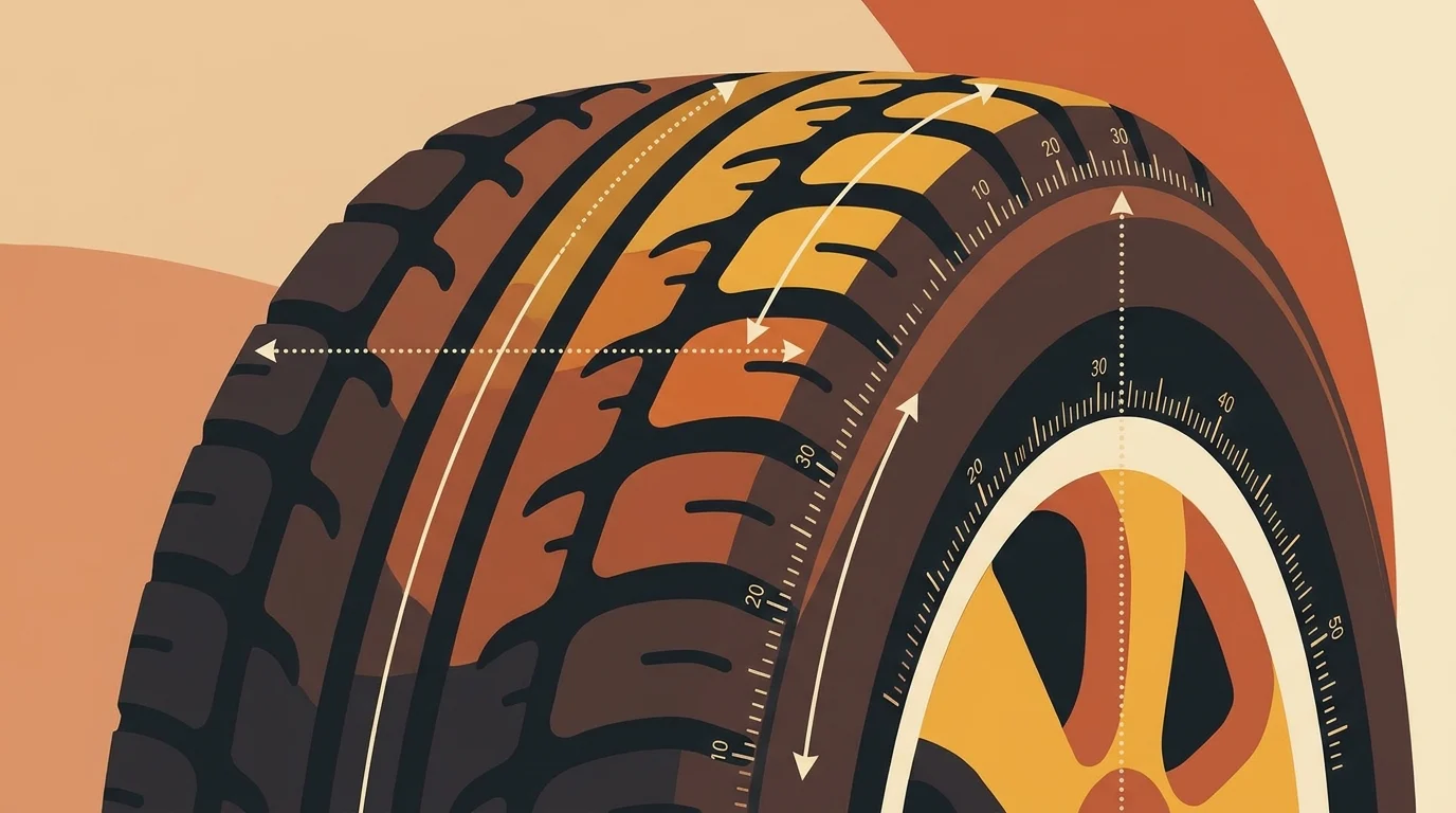 Car tire with measurement markings, illustrating tire size