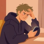 Frustrated person looking at a phone, illustrating pmo