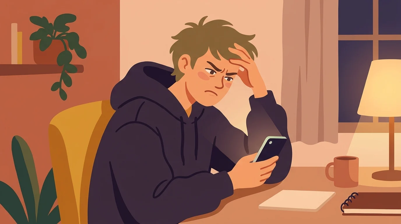 Frustrated person looking at a phone, illustrating pmo