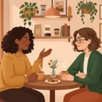 Two friends chatting over coffee, illustrating ntm