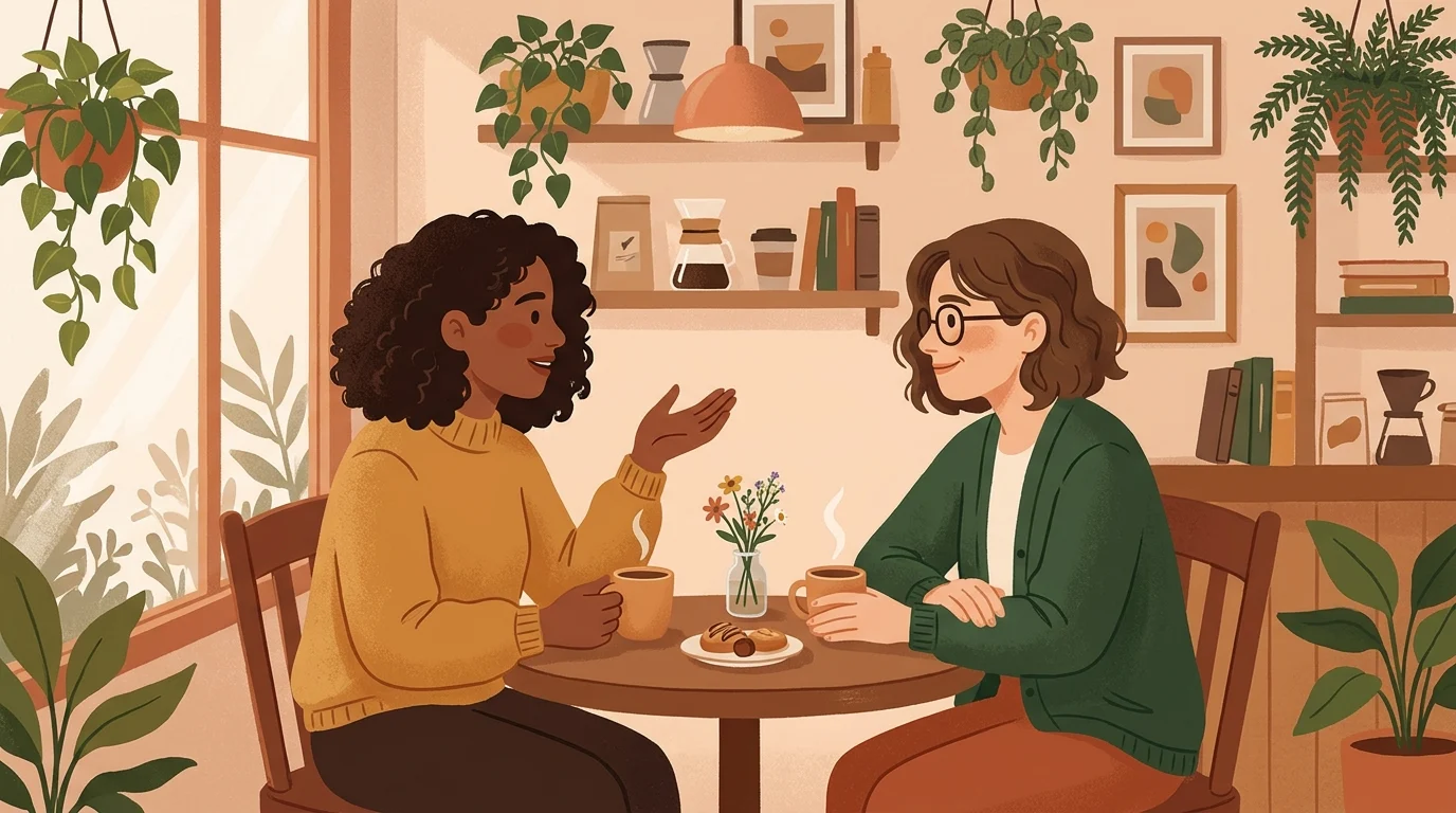 Two friends chatting over coffee, illustrating ntm
