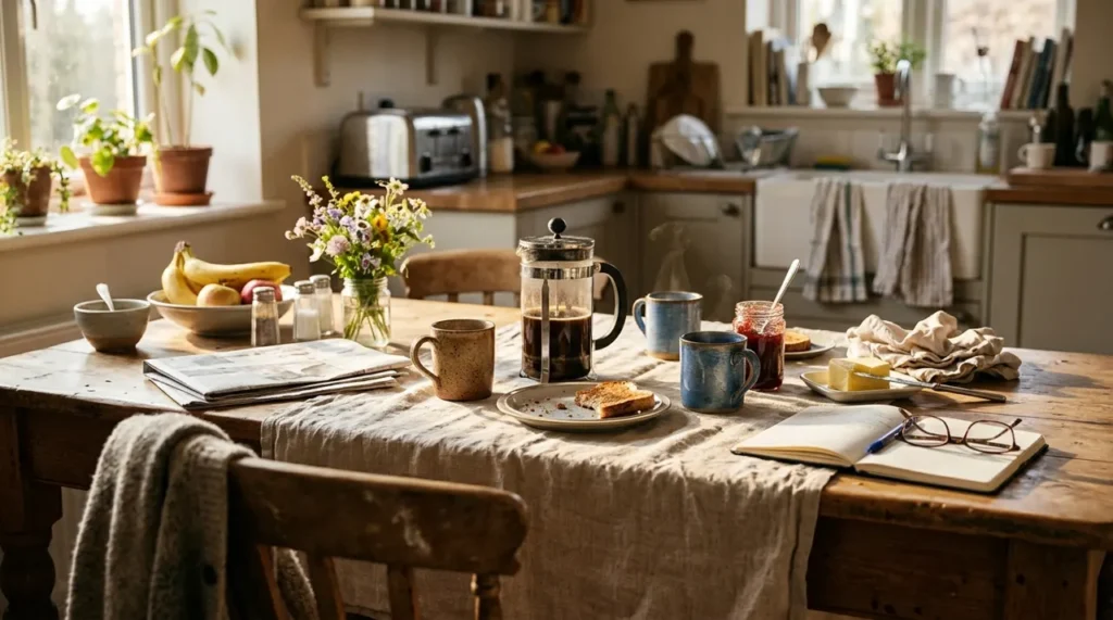 Cosy kitchen table with coffee and everyday objects, home of everyday life riddles