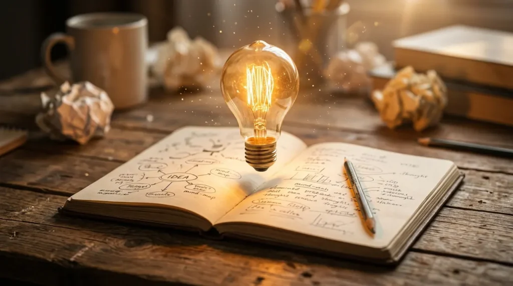 Lightbulb glowing above an open notebook, the aha moment of common sense riddles