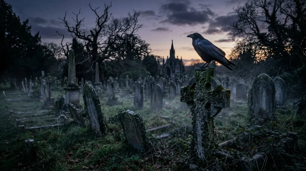 Old graveyard at dusk with a raven on a headstone, the mood of riddles about death