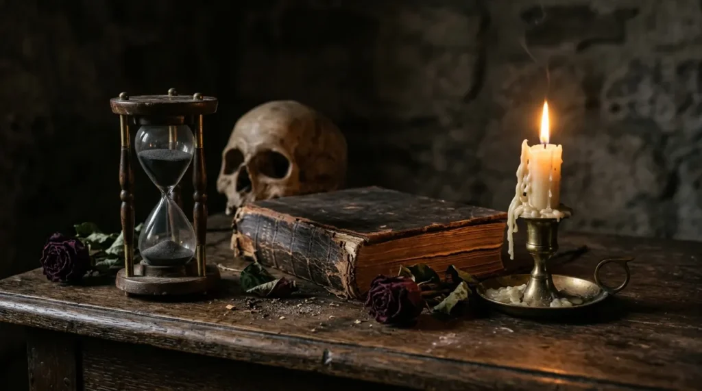 Hourglass and candle still life in memento mori style, a symbol used in riddles about life and death
