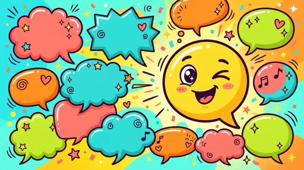Playful speech bubbles with a winking face, hinting at dirty puns riddles with double meanings