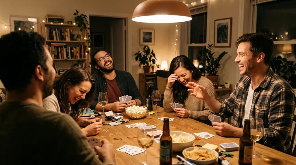 Friends laughing at a cheeky joke during a game night, in the spirit of funny dirty riddles for adults