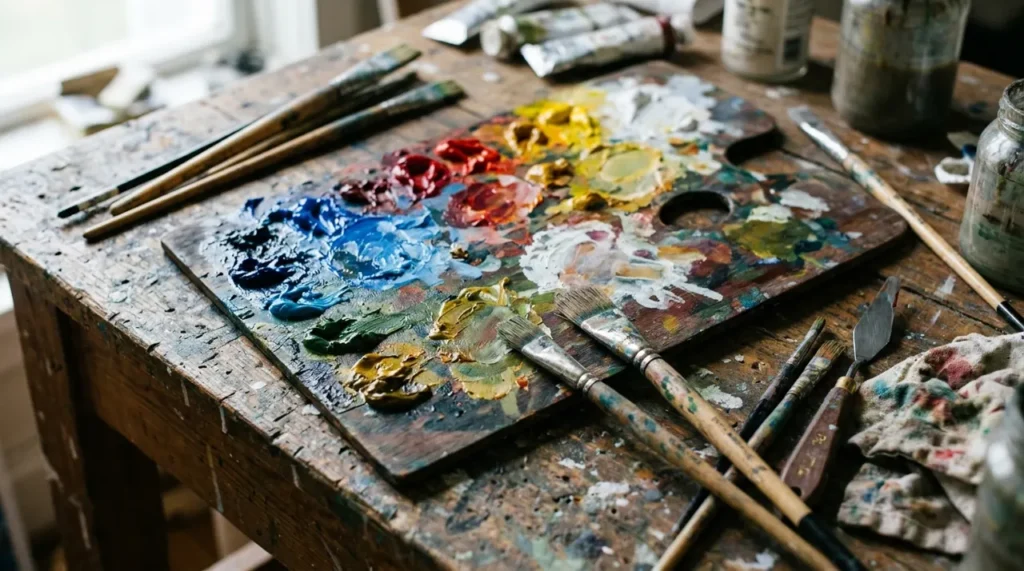 Artist palette with colourful paints and brushes on a table, ready for color and paint riddles