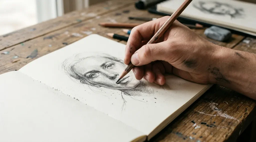 Hand sketching a pencil drawing in an open sketchbook, the heart of drawn riddles