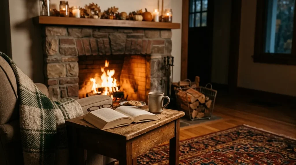 Cosy fireplace with a book and a mug of hot drink, the perfect place for fall brain teasers for adults