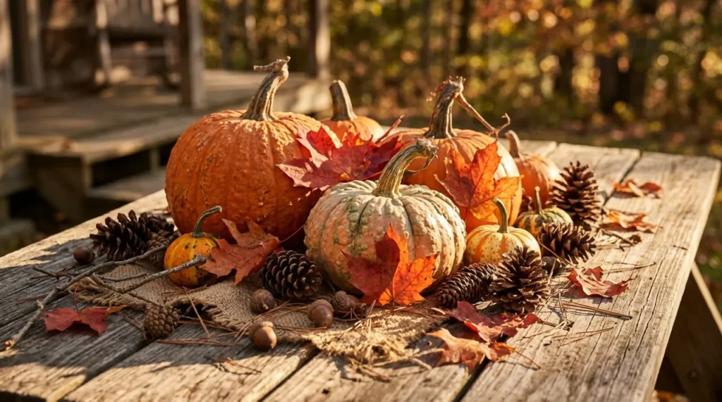 Pumpkins, maple leaves and pine cones in warm autumn light, the world of fall riddles for adults