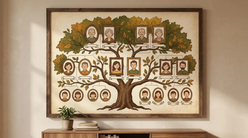 Illustrated family tree with photo frames across three generations, the map behind family tree riddles