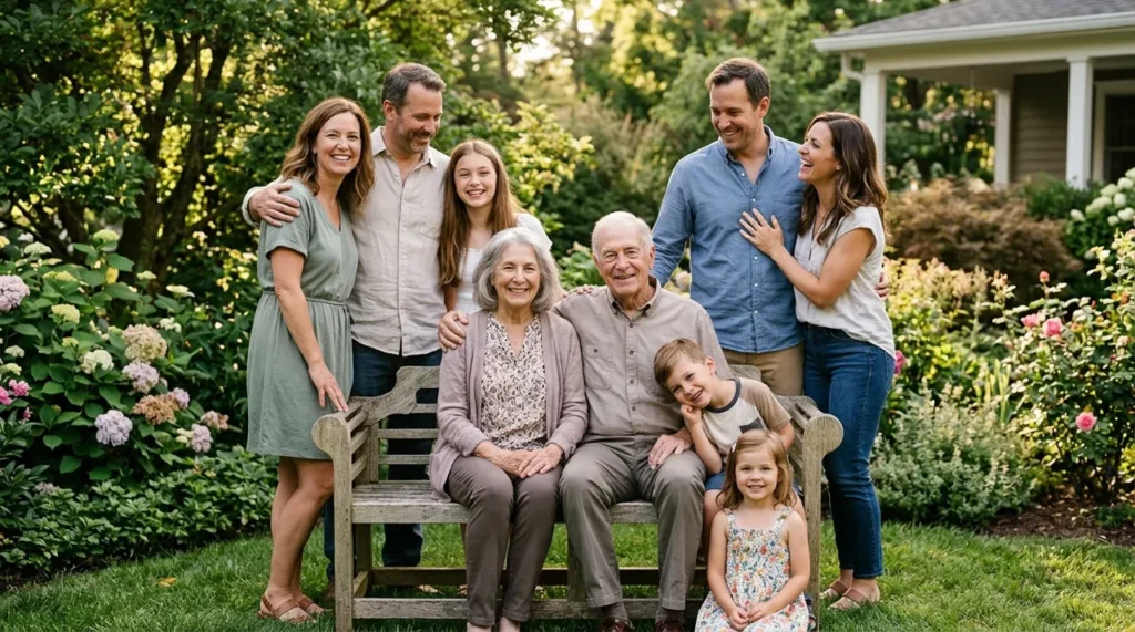 Grandparents with children and grandchildren smiling outdoors, the people in grandparent riddles