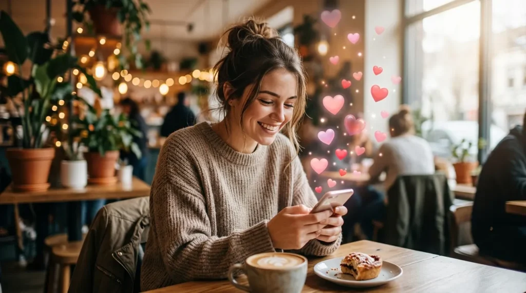 Woman smiling at a flirty message on her phone with heart emojis, perfect for flirty riddles to ask a girl