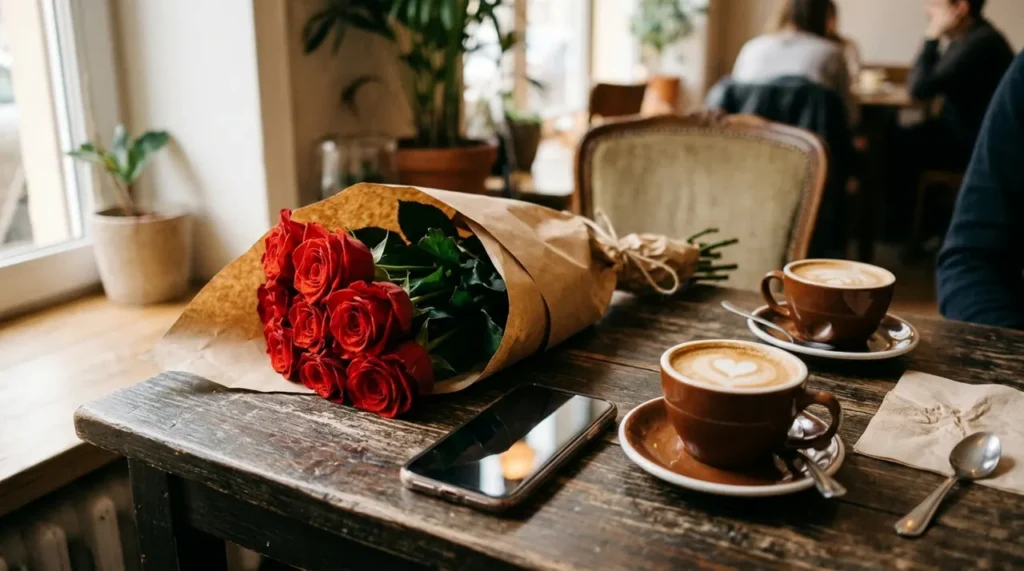 Red roses and a phone on a cafe table, a romantic setup for cheeky flirty riddles