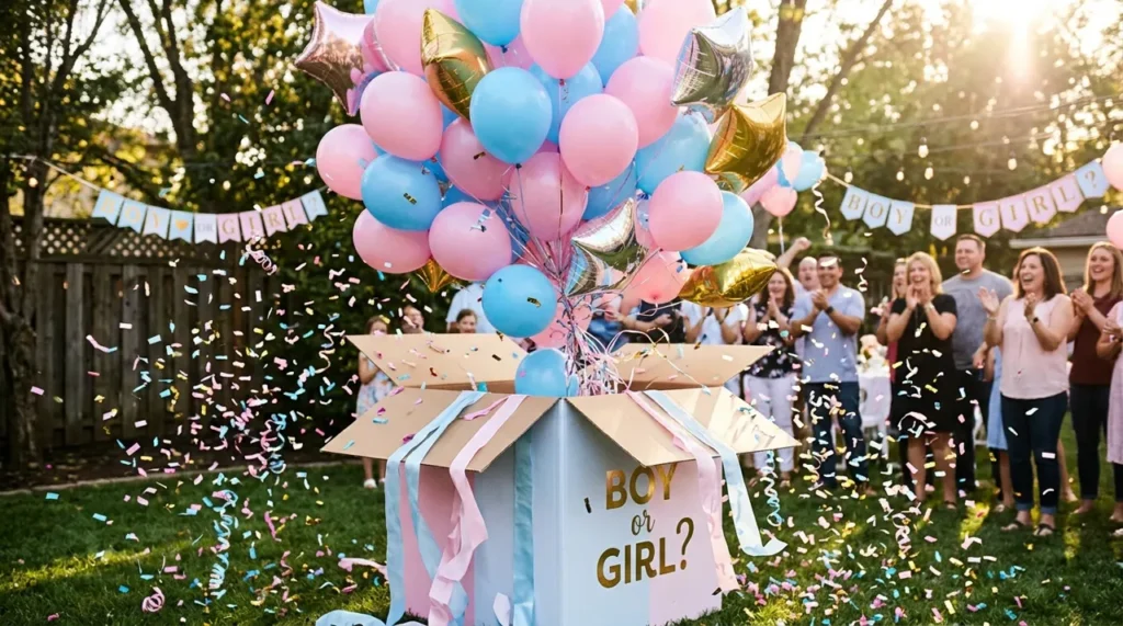 Pink and blue balloons bursting from a reveal box at a party, made for gender reveal riddles