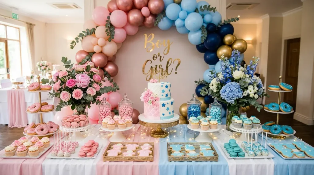 Baby shower table with pink and blue decorations, sweets and flowers, set for pink or blue riddles