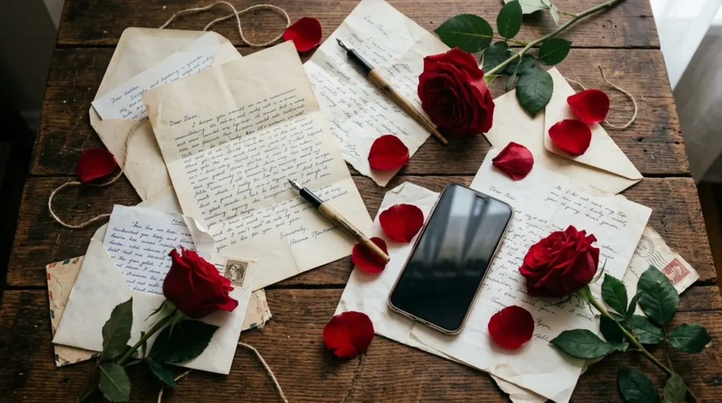 Handwritten love notes, roses and a phone on a table, ready to send riddles to ask your girlfriend