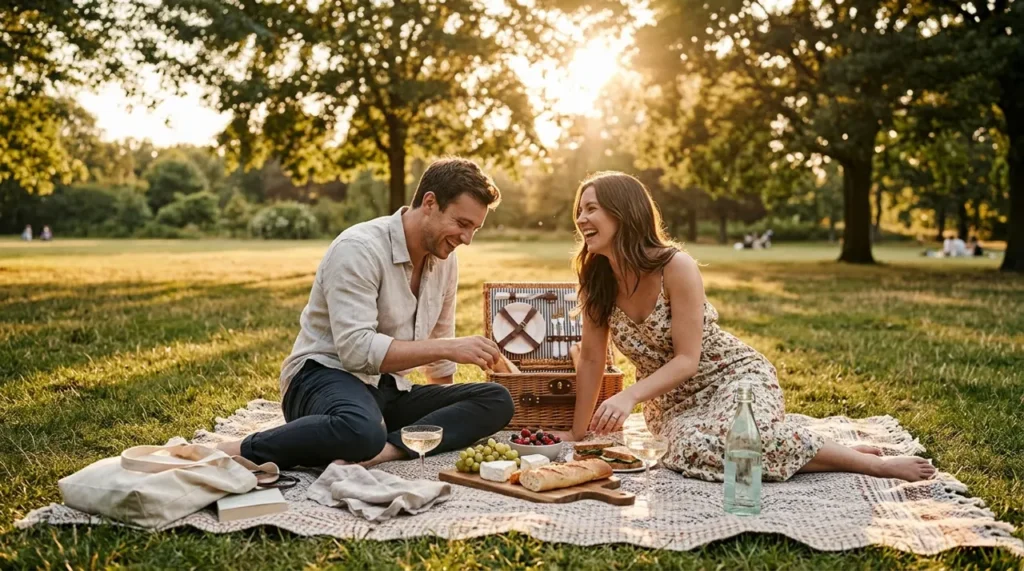 Couple sharing a picnic in a park at golden hour, a romantic moment for kiss riddles for girlfriend