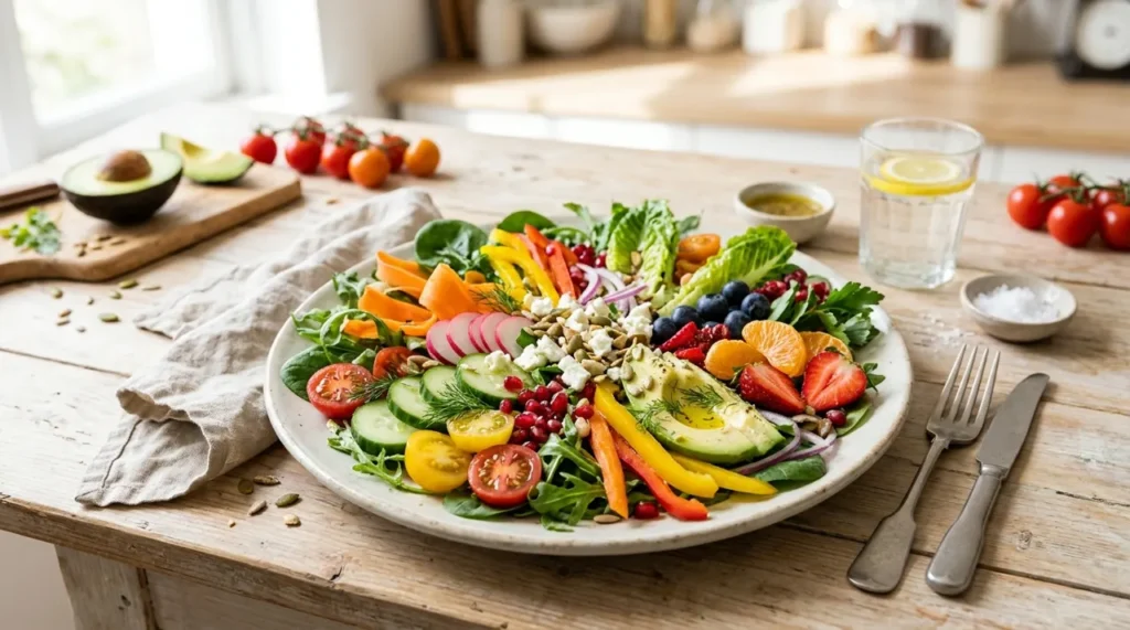 Colourful plate of fresh vegetables and fruit, the stars of healthy food riddles