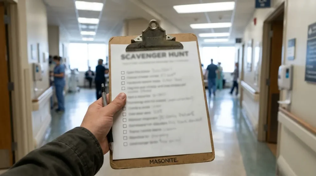 Clipboard with scavenger hunt clues in a hospital corridor, ready for hospital scavenger hunt riddles