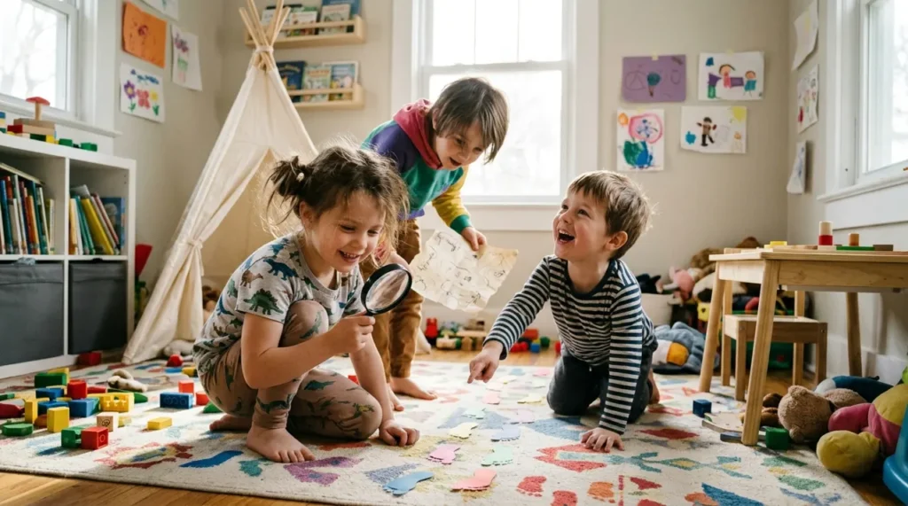 Children with a magnifying glass hunting for clues, like the easy hospital hunt riddles for kids