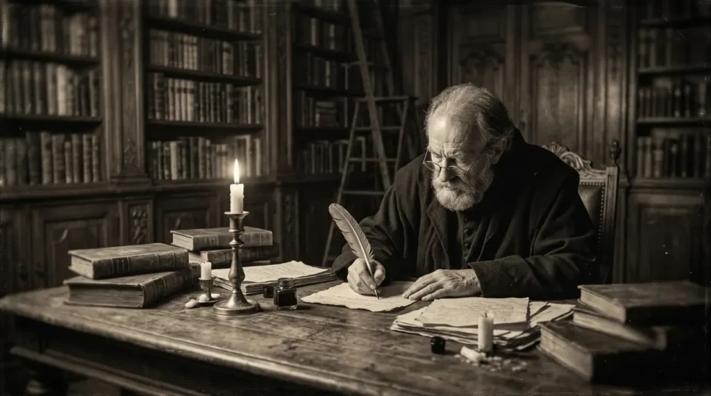 Scholar writing with a quill in an old library, in keeping with the formal meaning of indubitably