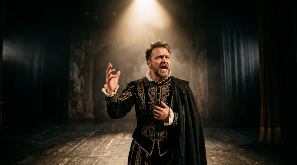 Theatre actor delivering a grand line on stage, a classic setting for the word indubitably