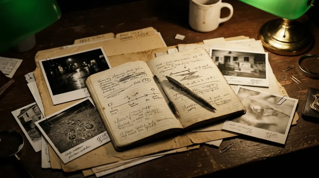 Detective notebook, pen and evidence photos spread on a desk, ready for detective logic riddles