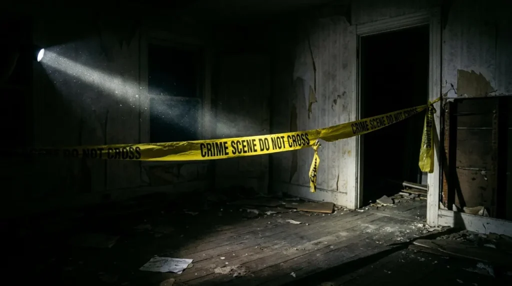 Flashlight beam and crime scene tape in a dark room, the opening of a murder mystery riddle for adults