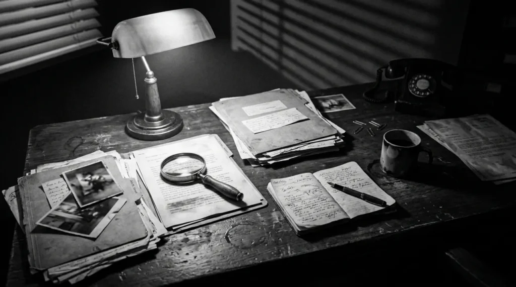 Detective desk with a magnifying glass and case files, ready for short mystery riddles