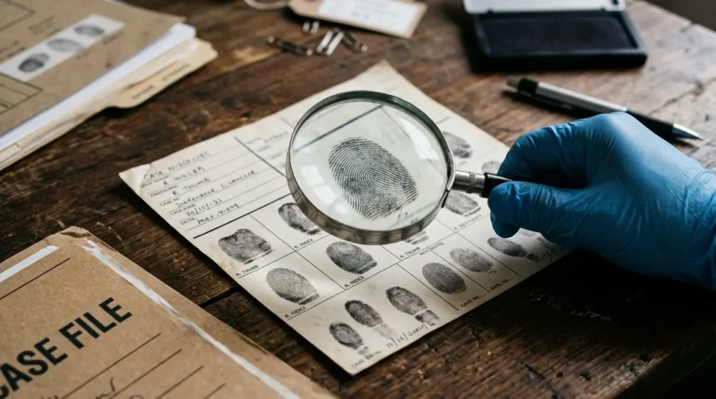 Magnifying glass over a fingerprint card, a classic logic mystery clue