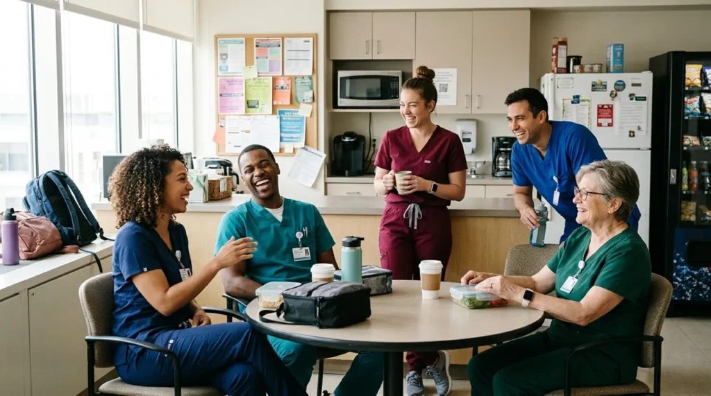 Nurses laughing together on a break in a hospital lounge, the audience for funny nurse riddles
