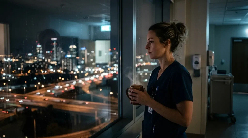 Nurse with a coffee looking out of a hospital window at night, home of night shift nurse riddles