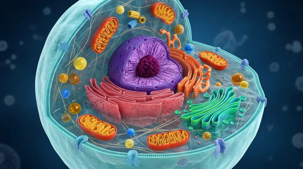 Colourful illustration of a cell and its organelles, the subject of these organelle riddles