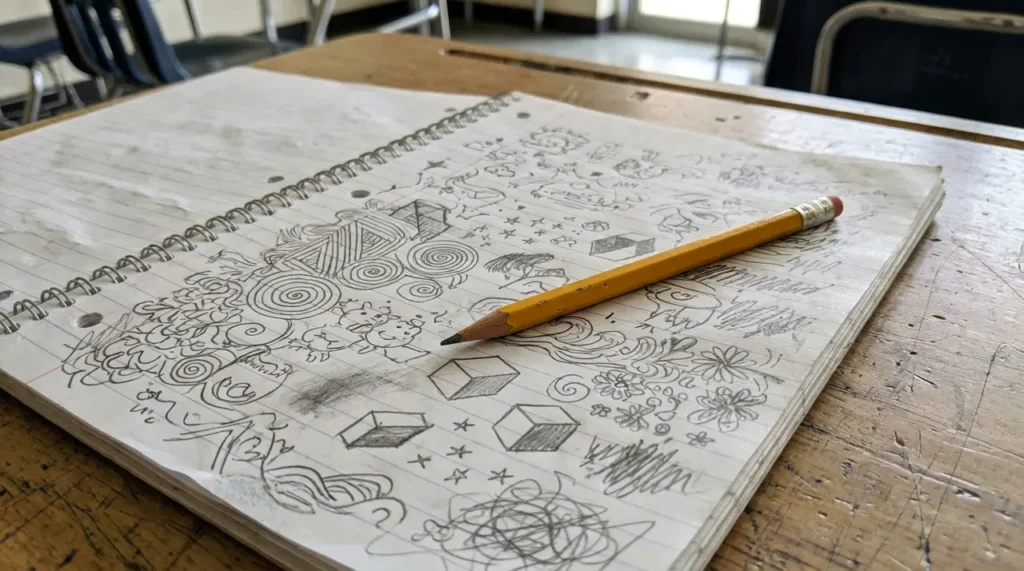 Open notebook with doodles and a pencil on a school desk, home of notebook paper riddles