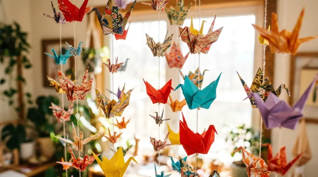 Colourful origami paper cranes hanging from strings, the playful heart of paper riddles