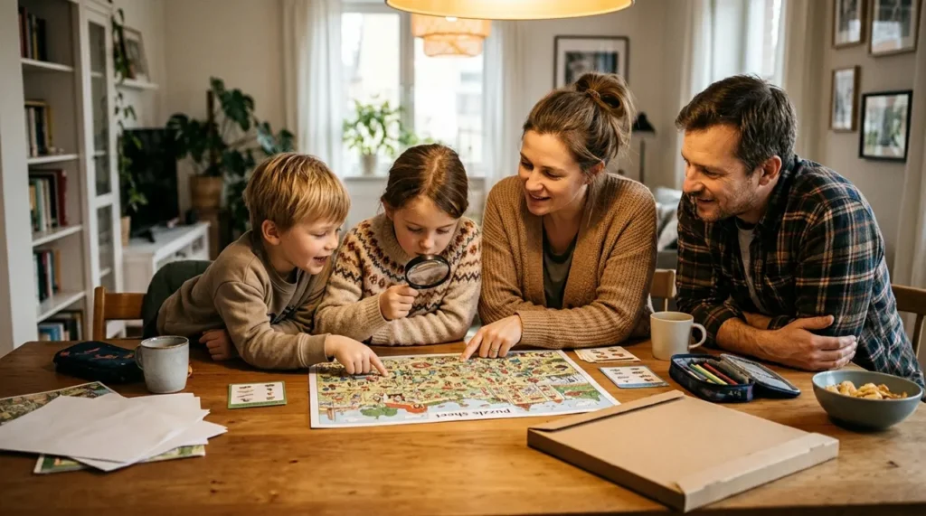 Family solving a picture puzzle together at a table, hunting for hidden objects in picture riddles